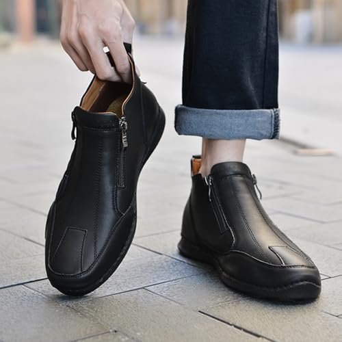 Men's Leather Slip-On Walking Ankle Boots Outdoor Non Slip Double Zipper High Top Driving Work Boots Daily Lightweight Chukka Shoes2