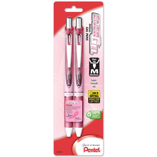 Pentel Pink BCA Ribbon EnerGel Deluxe RTX Retractable Liquid Gel Pen Pack, 0.7mm, Medium Line, Metal Tip, Pink Barrel, Black Ink, 2 Pack (BL77PBP2A-BC)