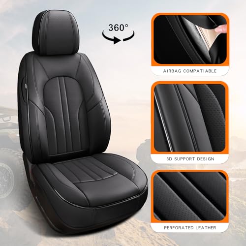 Image of MINGBRON Car Seat Cover Full Set, Leather Car Seat Cover, Waterproof Seat Covers, Car Seat Cushion, Nappa Leather Seat Covers Car Seat Protector Universal Fit Most Cars Black