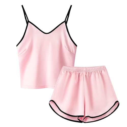 Silk Pajamas for Girls Satin Camisole Shorts Set Sleepwear 2 Piece Pjs Loungewear Pink 11-12 Years