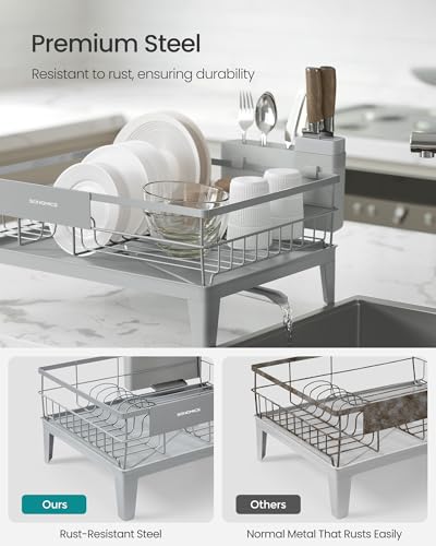 Image of SONGMICS Dish Drying Rack, Kitchen Dish Rack with Drainboard, 360 Rotatable and Extendable Spout, with Cutlery Holder, 12.2 x 16.5 x 7.3 Inches, Dove Gray UKCS550G01