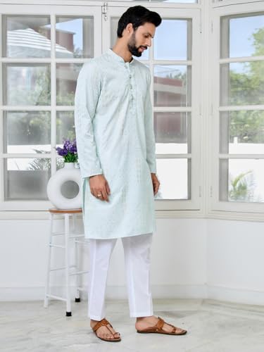 Image of See Designs Men's Full Sleeve Mandarin Collar Floral Embroidered Mandarin Collar Thread Work Straight Long Kurta - Festive Collection