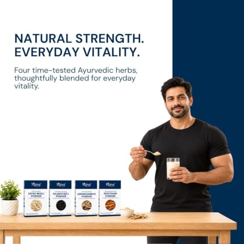 Image of TRIPHAL Shakti Plus Combo - 4-Herb Ayurvedic Powder Pack (Ashwagandha + Shatavari + Kaunch Beej + Safed Musli) - 100g x 4 - Clean Brand, ZERO Preservatives, Pure & Authentic -