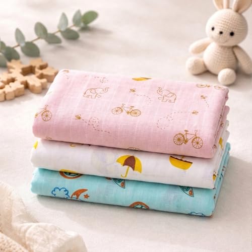 Image of NEW COMERS Cotton Muslin Baby Swaddle Set, Multicolor Printed Muslin Swaddle Wrap for New Born Baby, Soft Pure Cotton Sheet Baby Wrap Set, Baby Product (Swaddle 10)