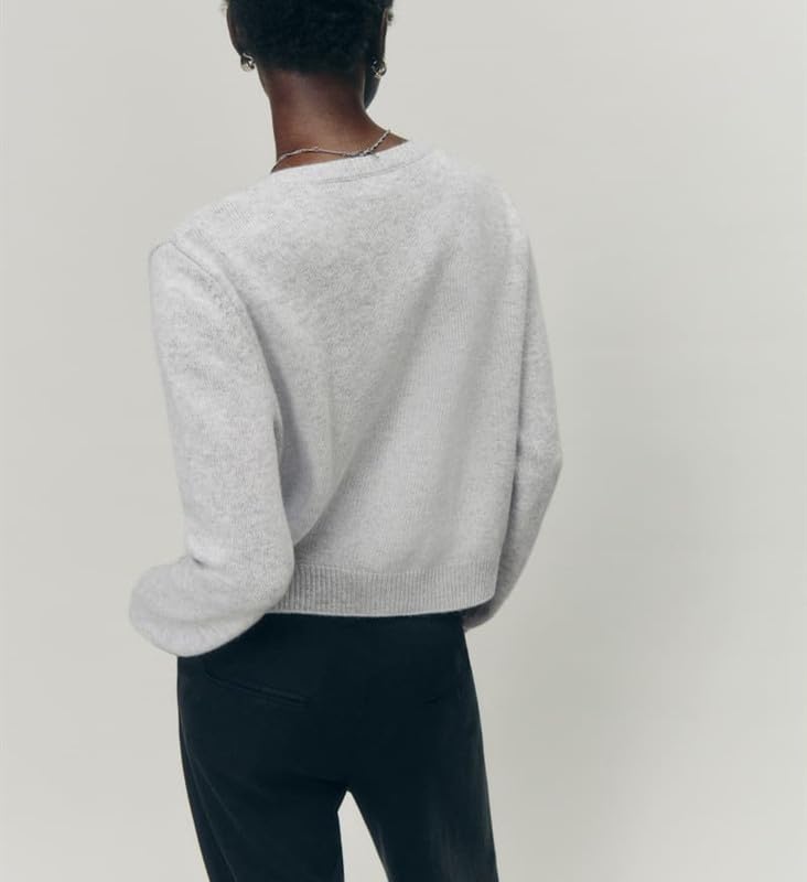 Image of Women Knit Cropped Cardigan Long Sleeve Crewneck Sweater Lightweight Knit Cardigan Casual Fall Going Out Streetwear(Light Grey,M)