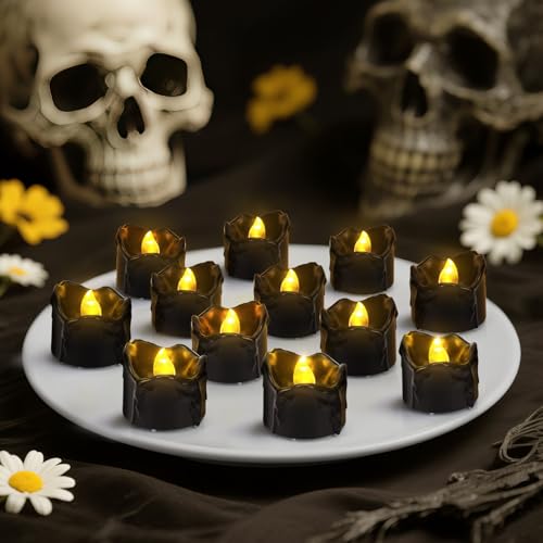 12 Stück LED Teelichter Schwarz, Led Kerzen Flackernde Flamme,...