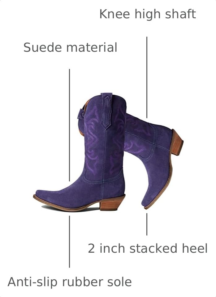 Image of LEHOOR Cowboy Boots Women Embroidered Mid Calf Western Boots Stacked Low Heel Pointed Toe Pull On Cowgirl Boot 4-11 M US