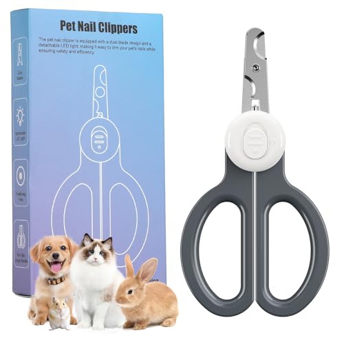 Euqvunn Krallenschere Katzen, Professional Krallenschere Kaninchen mit Doppelschneide und LED Beleuchtung, für Kätzchen, Kaninchen, Meerschweinchen, Welpen, Mittlere und Kleine Tiere (Grau Weiß)