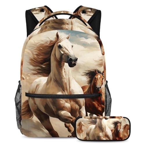 Sac à dos cheval scolaire grand format avec trousse assortie multicolore