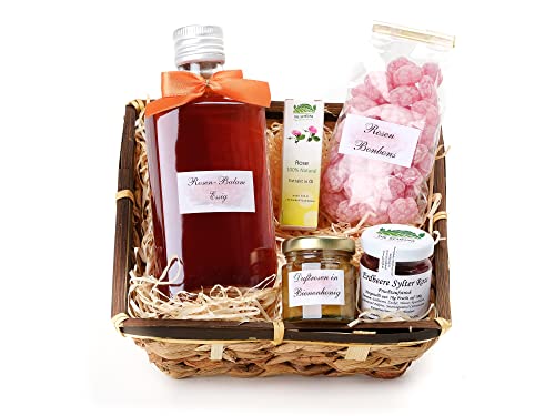 Präsentkorb Rosen Gebinde - aus Rosenessig, Rosen-Bonbons, Damaszener Rosen-Extrakt, Rosen Brotaufstrich - ein Geschenk für Frauen Damen Freundin Ehefrau zum Hochzeitstag zum Geburtstag zu Weihnachten Cover
