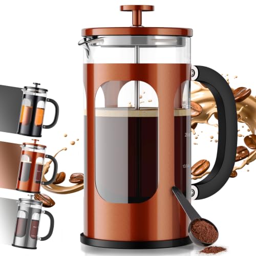 Veken French Press Coffee Maker 34oz 1 L, No Plastic Touching Cafe, Heat Resistant Thickened Borosilicate Glass, Stainless Steel Brewer, Cold Brew Cafetera Teapot for Kitchen Travel Camping, Copper