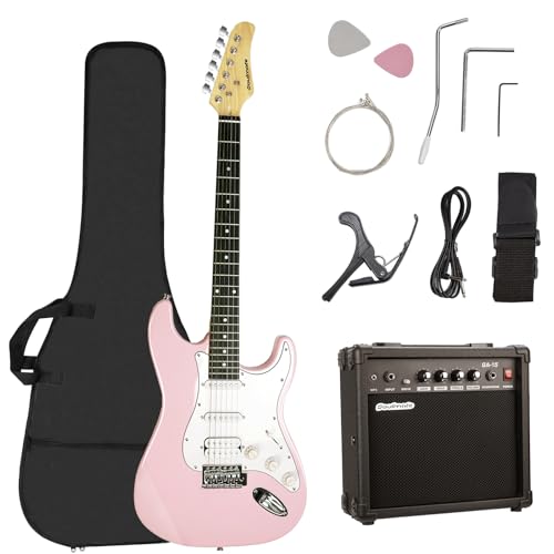 soulmate 39 inch full size electric guitar starter kit for beginners solid body hss pickups with 15w amp gig bag capo strap strings cable picks right-handedpink