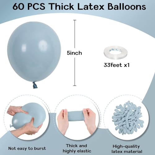 Image of Jobkoo Blue Balloons 5 Inch, 60Pcs Small Pale Muted Blue Aqua Balloon 5'' Mini Matte Dusty Retro Powder Light Blue Helium Latex Balloons for Birthday Boho Baby Shower Bachelorette Party Decorations