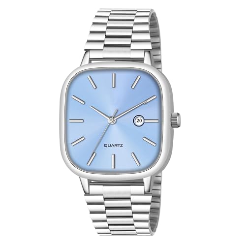 Image of Minimalist Men's Square Dial Watch with Date | Comfortable Stainless Steel Quartz Analog Wristwatch | Casual & Formal Timepiece