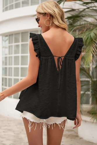 Zaful Women's V Neck Tunic Tops Ruffle Sleeve Blouses Lace Hollow Out Loose Babydoll Tank Shirts #TOP2