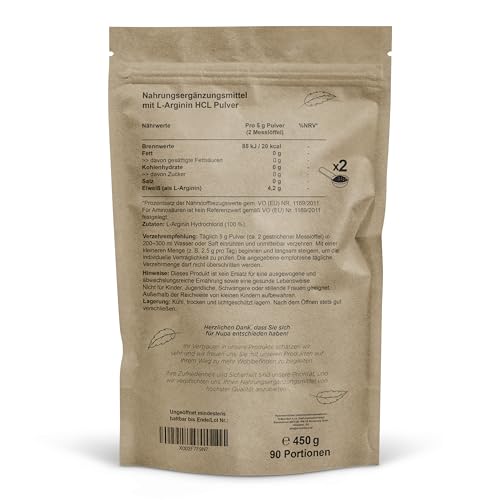 NUPA L‑Arginin HCL Pulver 450 g – 4,2 g L‑Arginin pro 5 g Portion – 90 Portionen – 100 % rein, ohne Zusätze, vegan & non‑GMO – Rohstoffe laborgeprüft – EU‑Herstellung, Beutel mit Zipper + Messlöffel