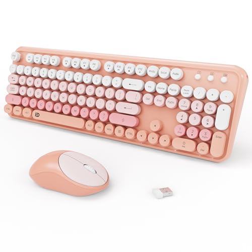 Image of Wireless Keyboards Mouse Combos, Colorful Cute Typewriter Full-Size Retro Round Keycaps, 2.4GHz Cordless Sleep Mode Office Quiet Wireless Keyboard and Mouse Set for Desktop Laptop PC Computer