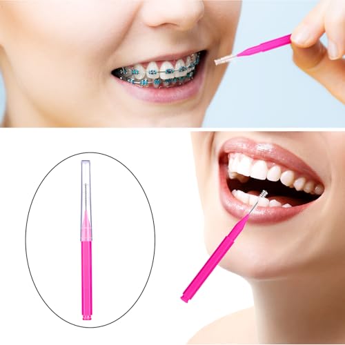 Image of Patelai 100 Pieces Braces Dental Brush for Cleaner Interdental Toothpick Dental Tooth Flossing Head Oral Hygiene Flosser Toothpick Cleaners Tooth Tool(Pink,Portable Size)