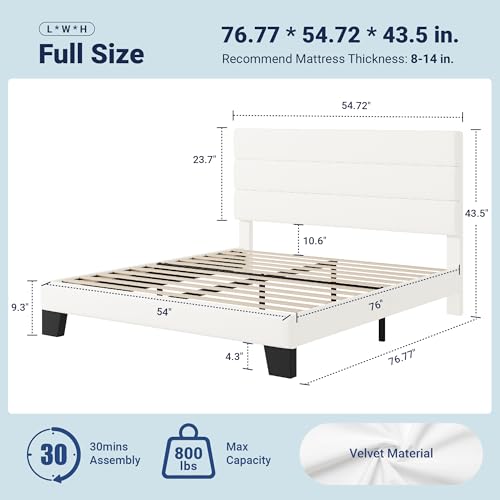 Image of Allewie Full Size Platform Bed Frame with Velvet Upholstered Headboard and Wooden Slats Support, Fully Upholstered Mattress Foundation /No Box Spring Needed /Easy Assembly, White