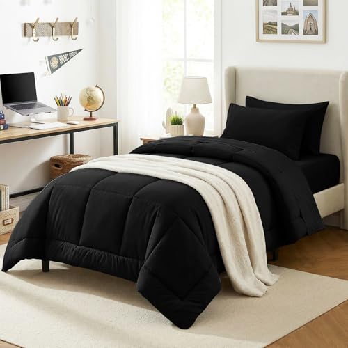 CozyLux Twin XL Comforter Set Black 5 Pieces Twin Extra Long Bed in a Bag for College Dorm All Season Bedding Set with Stitch Quilted Comforter Flat Sheet Fitted Sheet Pillowcases