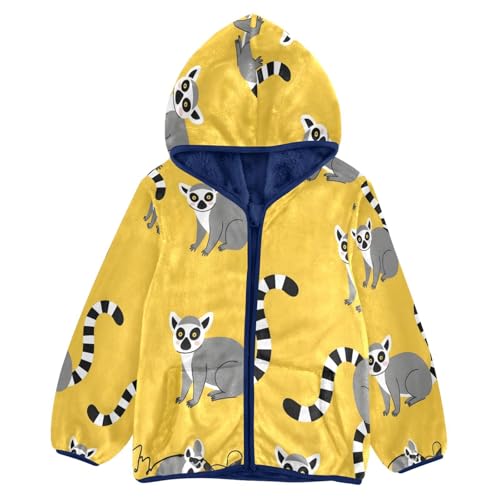 Cute Lemur Pattern on Yellow Toddler Fleece Jacket Girl Boys Hooded Fleece Jacket Coat Warm Outwear Zip-up 3-10T