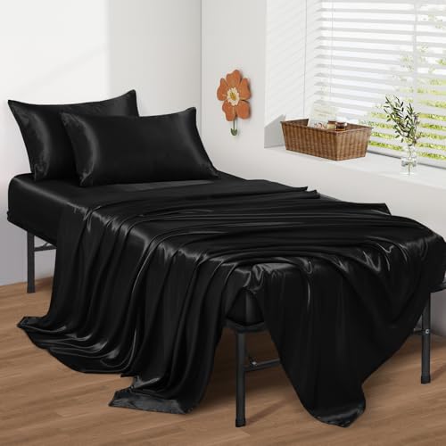 Image of SiinvdaBZX 4-Piece Cot Sheet Set 31 inch x 75 inch, Black Satin Cot Size Sheets Silky Soft Rv Bunk Bed Sheets for Narrow Twin /Camp Bunk /Guest Beds /Army Cots /Trifold Mattress