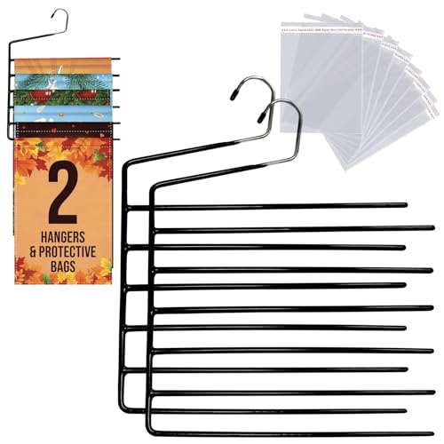 Garden Flags Hangers 2Pack 6 Tier with 15 Protective Bags Garden Flag Storage Organizer Holder Heavy Duty Multi Layers Space Saving Non Slip Open Ended Hangers for Multi use Pants Organizer
