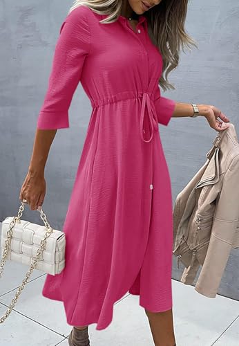 Image of Febriajuce Women's 3 /4 Sleeve Midi Dress Casual Drawstring Belted Round Neck Plain Tie Waist Loose High Waist Long Dress