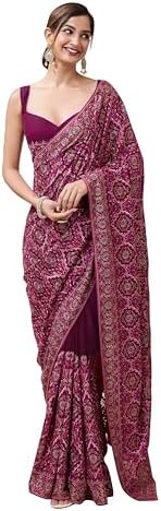 TRENDMALLS Women's Vichitra Silk Embroidery, Siroski Work Saree with Unstitch Blouse Piece (K1088-Pink)