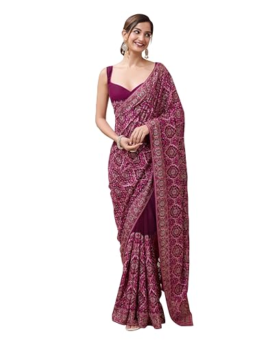Image of TRENDMALLS Women's Vichitra Silk Heavy Embroidery With Siroski Stone Work Saree with Unstitch Blouse Piece For Women