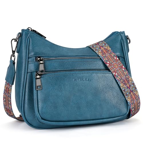 Image of KITEVIUN Crossbody Bags for Women Leather Purse Trendy Multi Pocket Shoulder Handbags with Adjustable Guitar Strap
