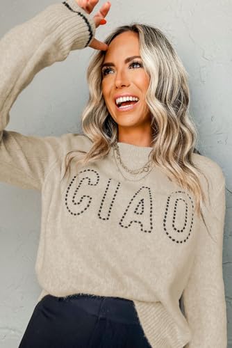 MARZXIN Women Casual Long Sleeve Sweater Round Neck CIAO Pattern Graphic Oversized Knitted Pullover Tops3