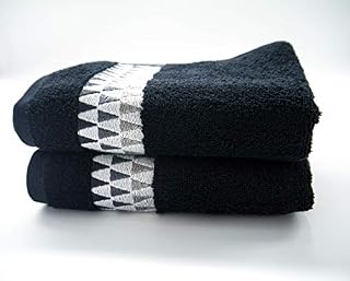 Lex's Linens Pack of 2 Modern Geometric Triangular Jacquard Border Patterned Hand Towels (Black, 50 x 90cm)