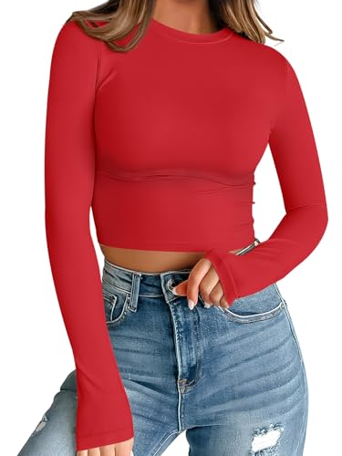 Trendy Queen Womens Long Sleeve Crop Tops Basic Slim Fitted Shirts Casual Fashion 2025 Going Out Y2k Tops Teen Girl Clothes Red XS