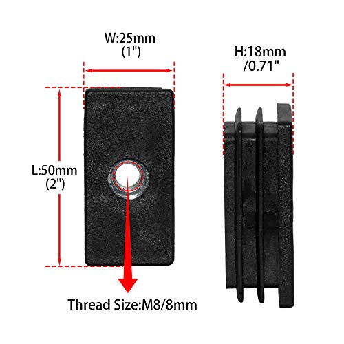 Image of Flyshop Black M8 Threaded Plastic Plugs Rectangle Tube End Caps Tubing Plugs Inserts Furniture Glider 25 mm x 50 mm 4 Pcs