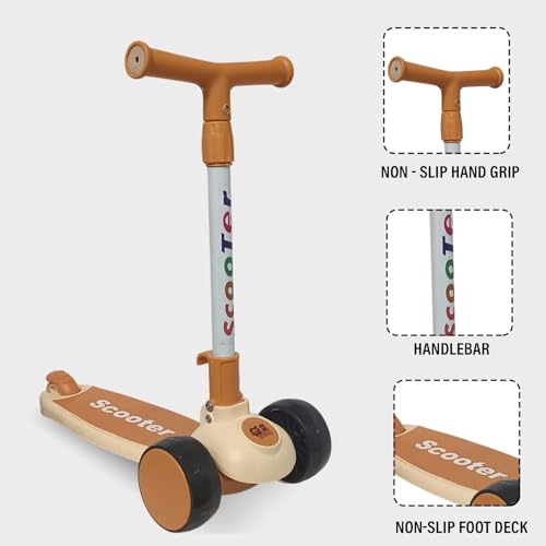 Image of NHR Foldable 3 Wheel Kick Scooter for Kids Up to 6 Years with Colorful LED Flashing Wheels, 4 Level Height Adjustable Handlebar, Tilt-to-Steer & Rear Press Brake Toy Boys Girls (Beige)