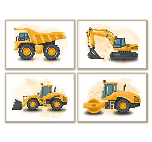 4er Set Baufahrzeuge Baumaschinen Bagger Poster Kinderzimmer Deko Junge - Wanddeko Baustelle Bilder Babyzimmer - Radlader Walze Kipplaster Wandbilder DIN A4 ohne Rahmen