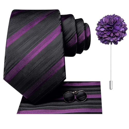 Image of Hi-Tie Men Silk Ties Set with Flower Lapel Pin Necktie Pocket Square Cufflinks for Tuxedo Wedding Business