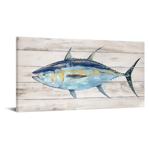 KREATIVE ARTS Blue Tuna Fish Canvas Print on Wood Background