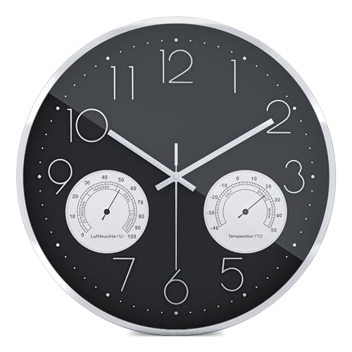 Mebus große Wanduhr mit hochwertigem Aluminiumrahmen ohne Tickgeräusche Dank präzisem Quarzuhrwerk I Anzeige von Temperatur und Luftfeuchtigkeit I 3D Ziffern verchromt I Schwarz I 35 cm groß