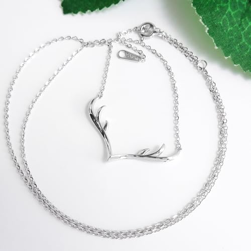 925 Sterling Silver White Gold Plated Fashion Deer Antlers Necklace Pendant 15"-17", WK990074