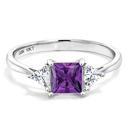 Gem Stone King 10K White Gold Purple Amethyst and White Moissanite 3 Stone Engagement Ring For Women (0.97 Cttw, February Birthstone, Princess 5MM, Trillion 3.5MM)3