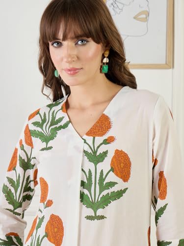 Image of INDO ERA Women's Pure Cotton Floral Printed A-Line Kurta & Pant Set | Co Ord Set For Women Stylish