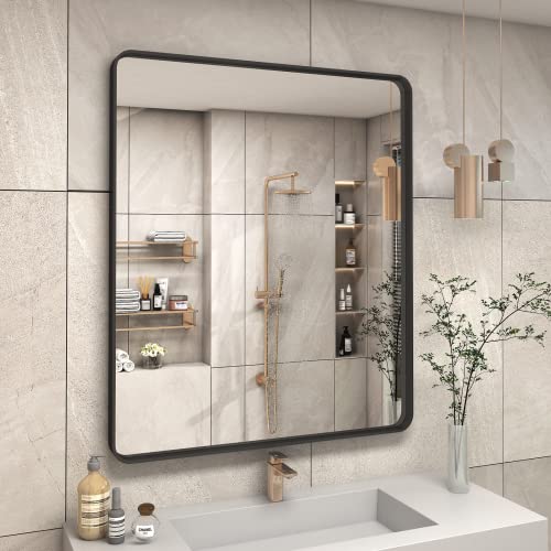 Charmor 30X36 Black Matte Bathroom Mirror, Rectangle Framed Vanity Mirror For Wall, Rounded Corner, Anti-Rust, Shatterproof (Horizontally/Vertically) #TOP14