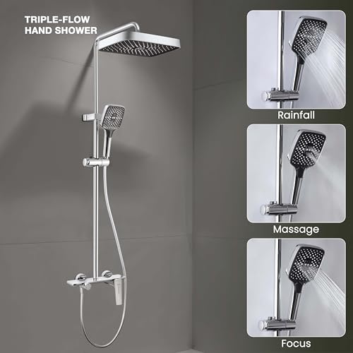 Image of Ruhe Rain Smart Shower Panel Set, Triple Flow Functions, Wall-Mount Chrome Finish | Adjustable Height Shower Panel | Includes Overhead Shower, Triple Flow Hand Shower with Installation Accessories