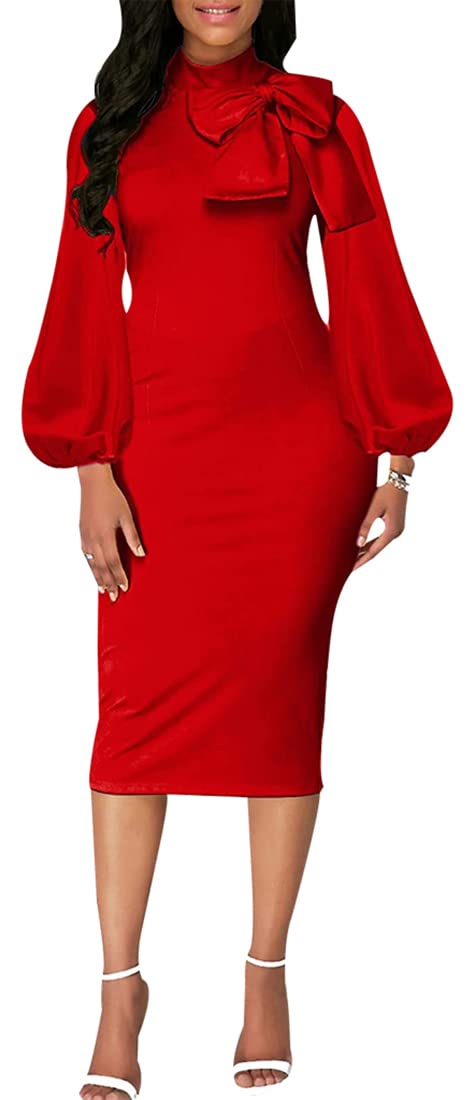 Sexy Long Sleeve Dress for Women Solid Color Bow Knot Turtleneck Formal Gown Midi Casual Church Dresses