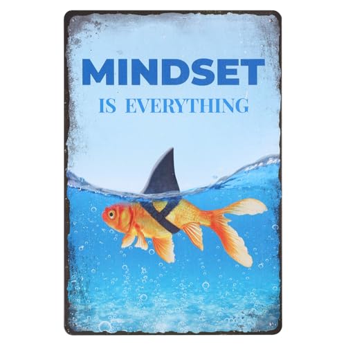GLOBLELAND Goldfisch-Hai-Vintage-Metall-Blechschild Kunstplakette Poster Retro „Mindset Is Everything“ Metallwand-Dekorative Blechschilder...