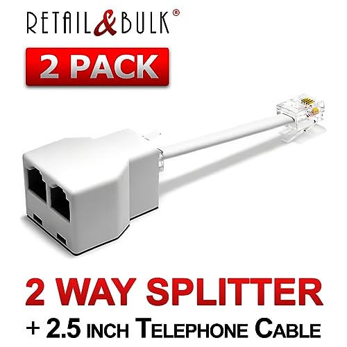 RetailAndBulk RJ11 Phone Jack Splitter for Landline 2 Way Duplex Telephone Adapter 6P4C Splitter + Cable (2-Pack White)