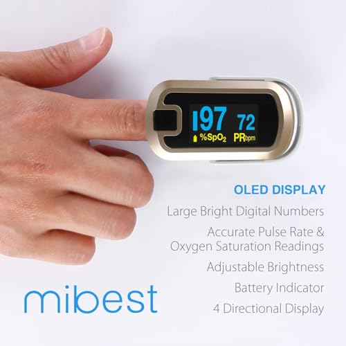 Image of Mibest Pulse Oximeter Fingertip, Blood Oxygen Saturation Monitor (SpO2) with Rate Measurements and Waveform Graph, Portable Digital Reading OLED Display, Batteries Lanyard and Carry Case Included