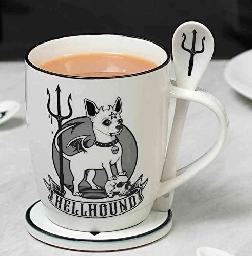 Ebros Gift Wicca Gothic Alchemy Hellhound Devil Dog With Pentagram Trident And Skull Porcelain Mug And Spoon Set With Built In Spoon Rest Handle 13Oz Coffee Tea Drink Cup Mugs #TOP22